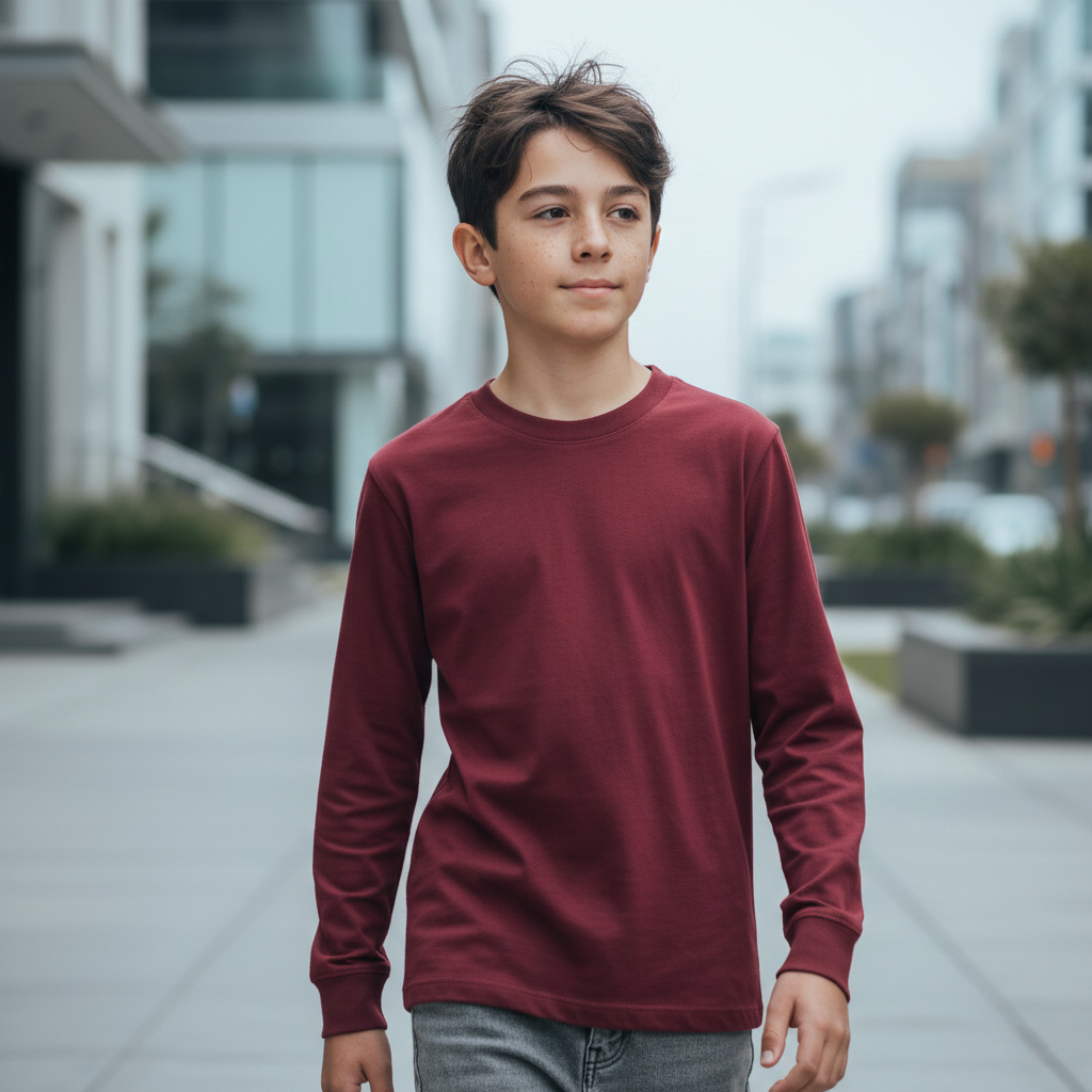 Niño con polo manga larga guinda ANG Kidz - algodón peruano Lima Perú