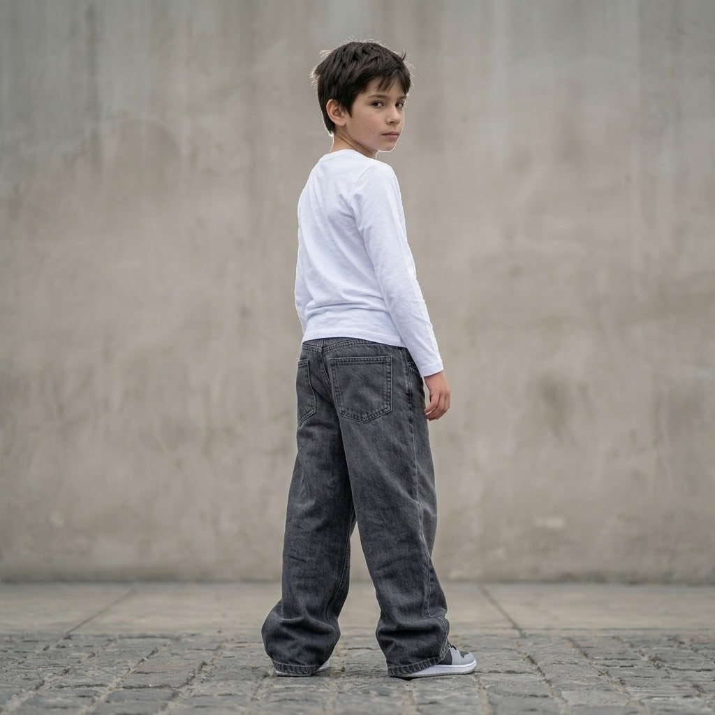 Jean baggy wide leg niño gris grafito ANG Kidz – streetwear infantil Lima Perú
