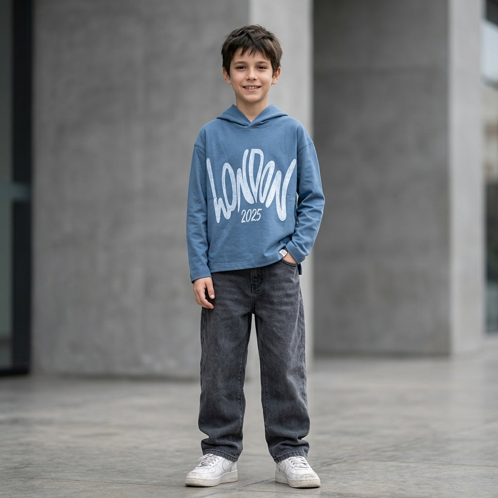 Hoodie niño azul marino ANG Kidz London 2025 – ropa urbana infantil Perú