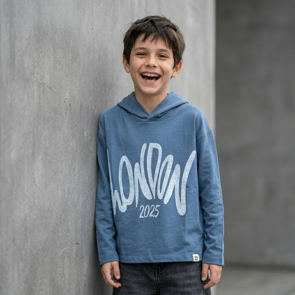 Hoodie niño London 2025 azul ANG Kidz – estampado brush urbano Lima Perú