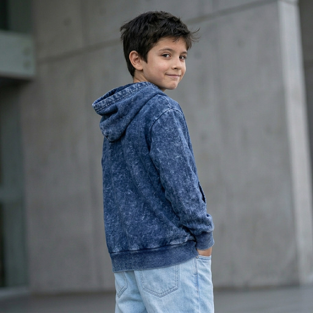 Niño con hoodie acid wash azul ANG Kidz – look streetwear con jean claro