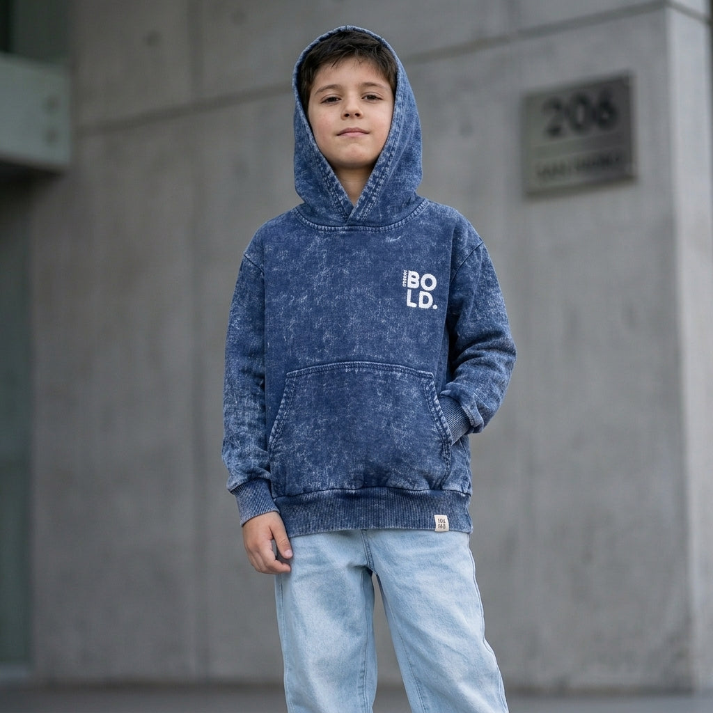 Hoodie Bold azul ANG Kidz niño – bolsillo canguro y capucha estructurada