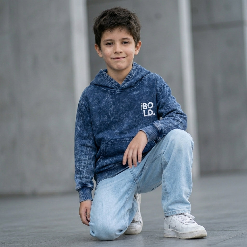 Niño hoodie azul marino ANG Kidz Bold – vista detalle acid wash