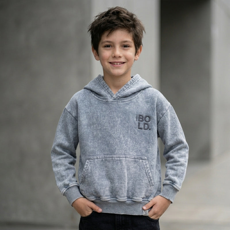 Hoodie niño acid wash gris ANG Kidz Bold bordado – ropa urbana infantil Lima Perú