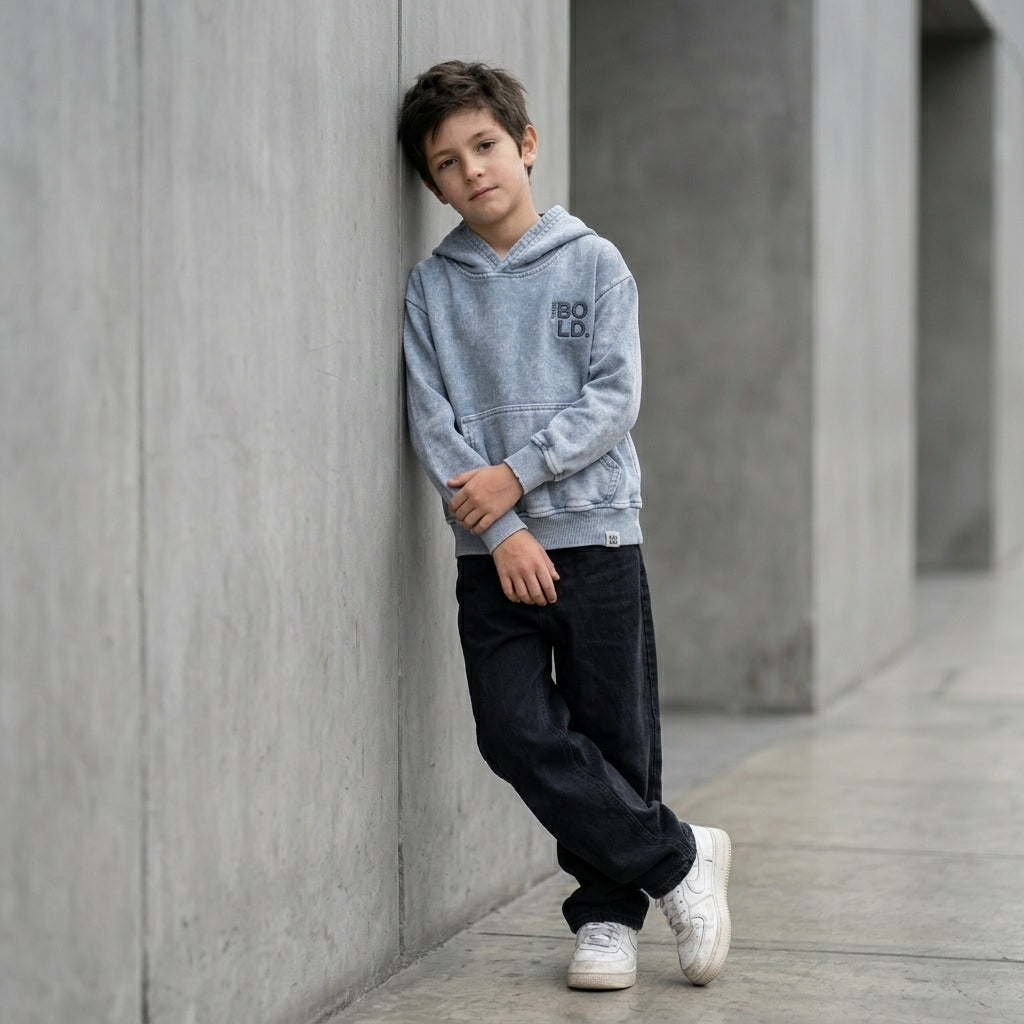 Hoodie acid wash gris niño ANG Kidz – invierno Lima ropa urbana streetwear