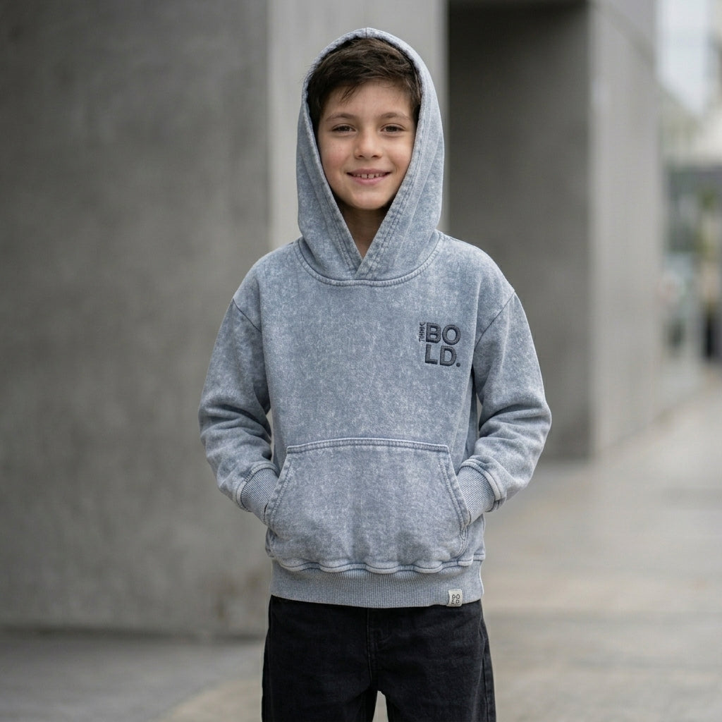 Polera con capucha niño gris ANG Kidz – bordado Bold 100% algodón Perú