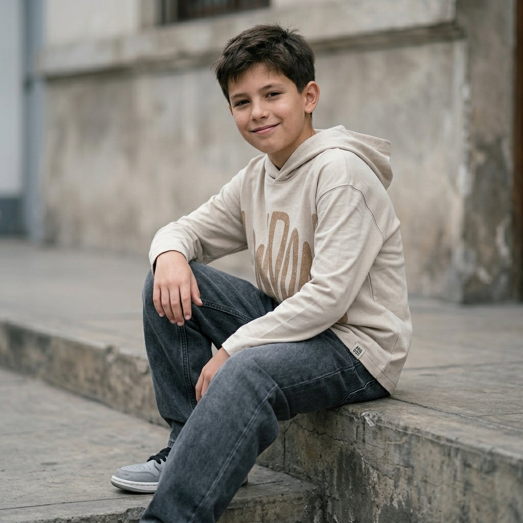 Hoodie niño ANG Kidz London beige – detalle estampado y capucha estructurada