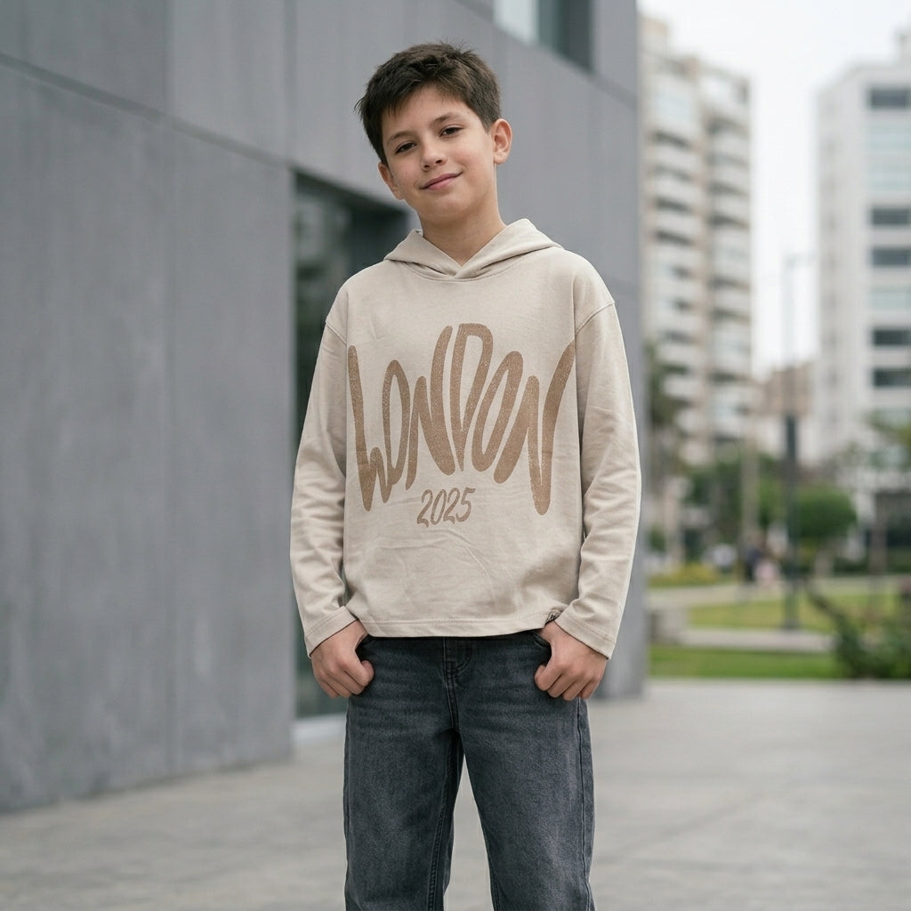 Hoodie niño London 2025 beige ANG Kidz – estampado brush urbano Lima Perú