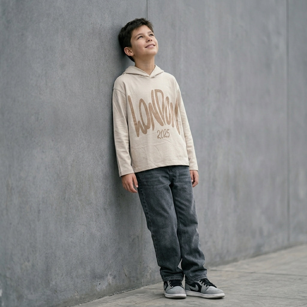 Polera con capucha niño beige ANG Kidz London – para colegio y salidas Lima