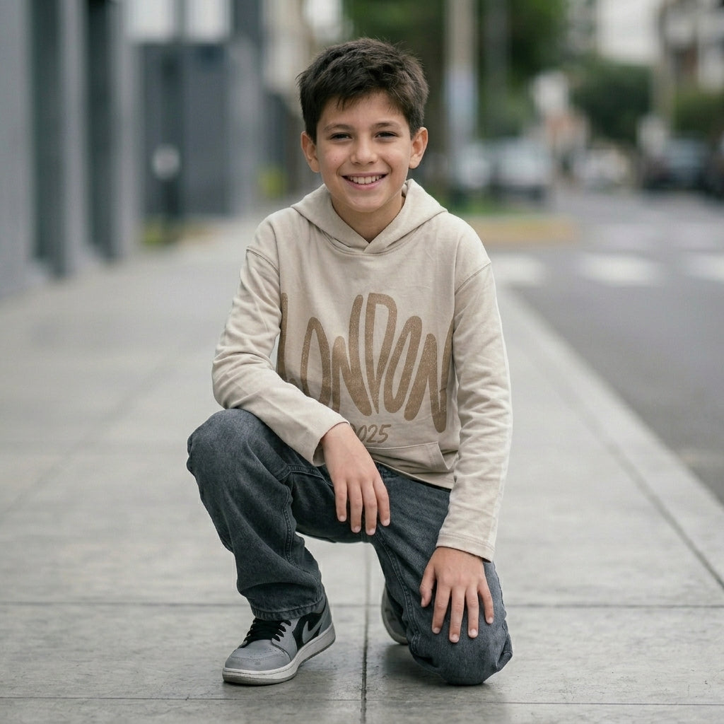 Niño con hoodie London 2025 beige ANG Kidz – look streetwear con jean gris