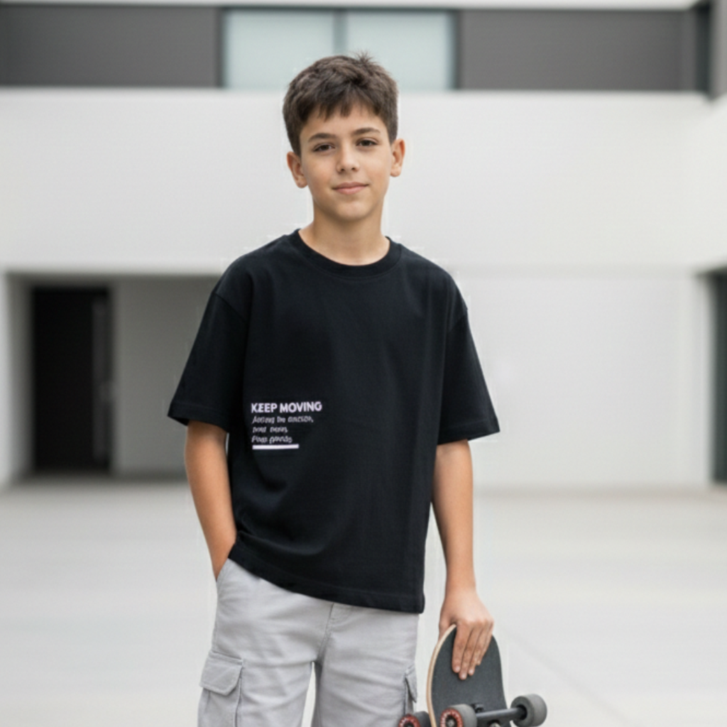 Polo Niño Boxy Keep Moving Negro – 100% Algodón