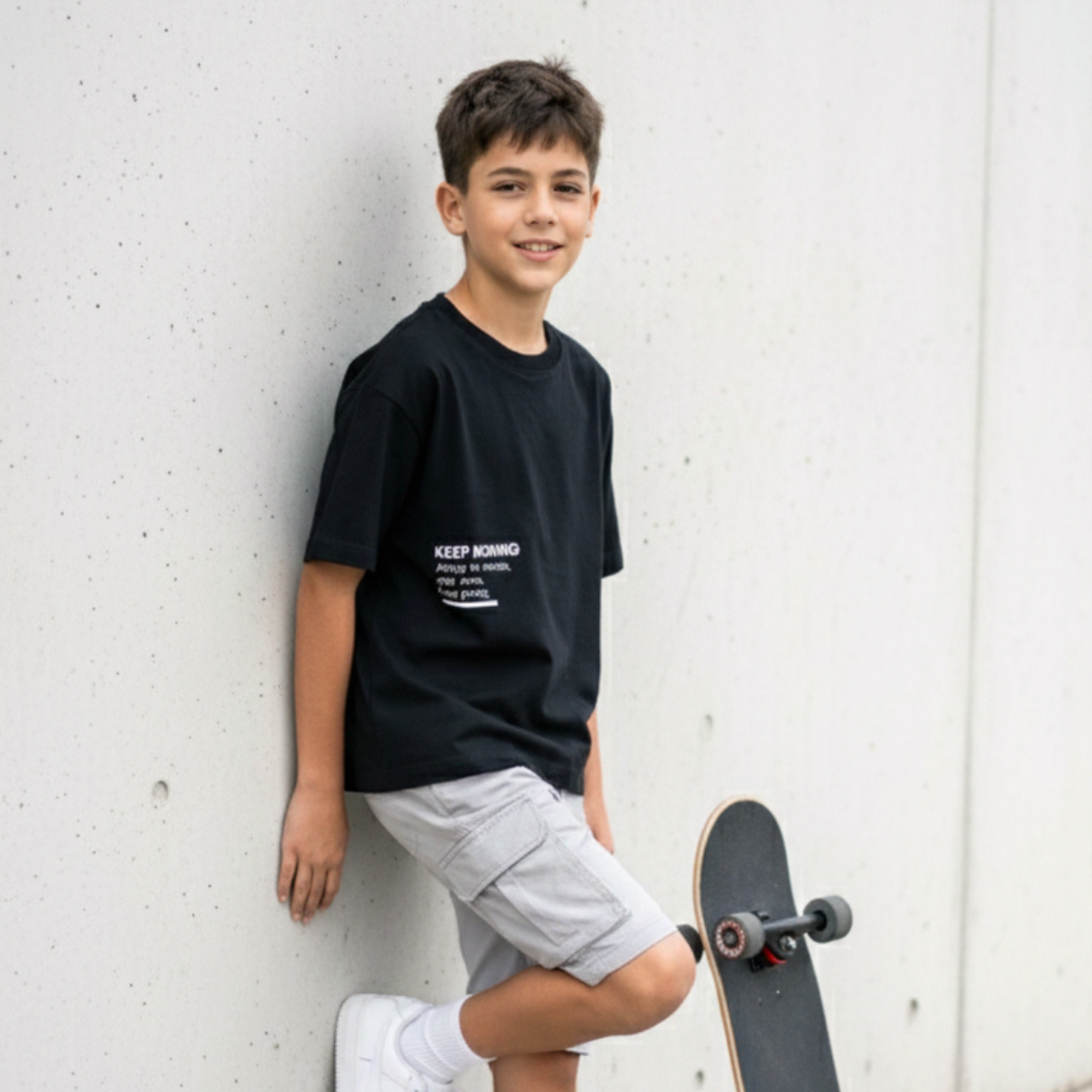 Polo Niño Boxy Keep Moving Negro – 100% Algodón