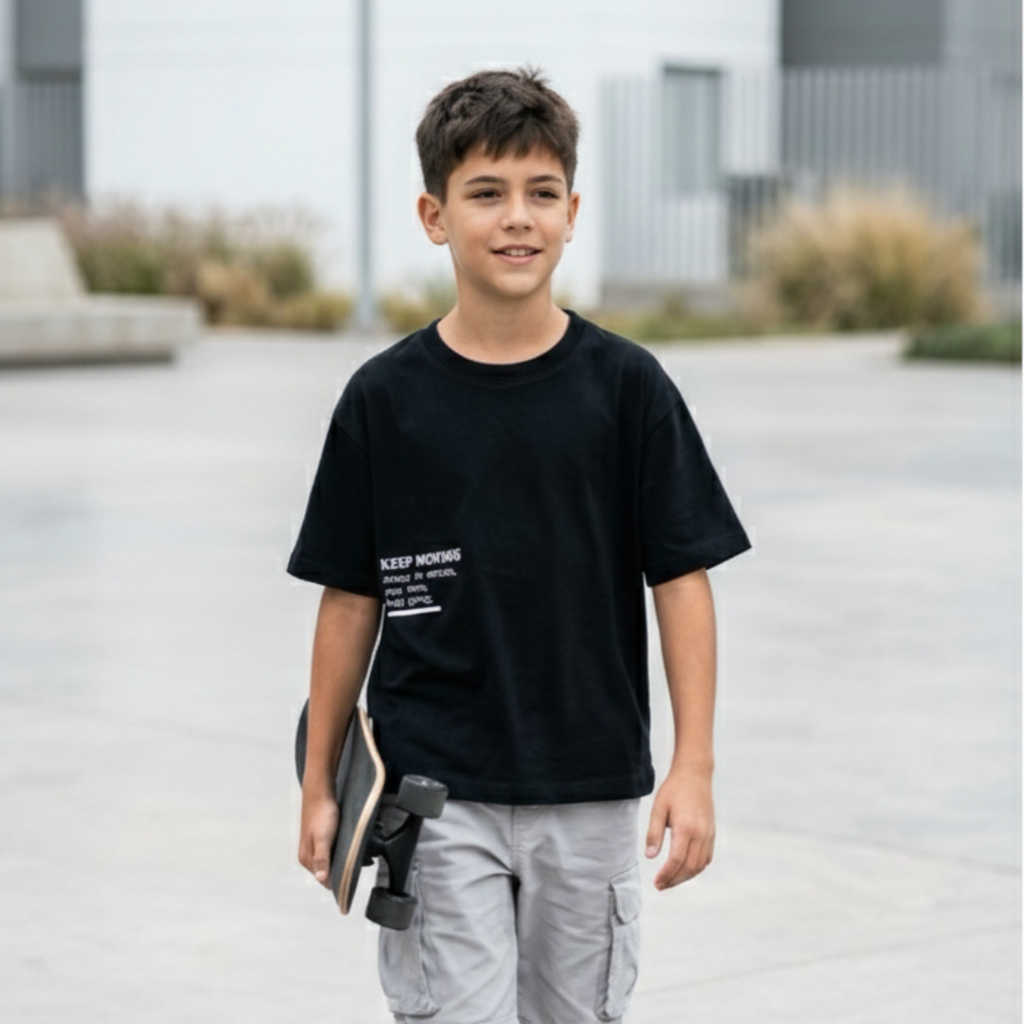 Polo Niño Boxy Keep Moving Negro – 100% Algodón