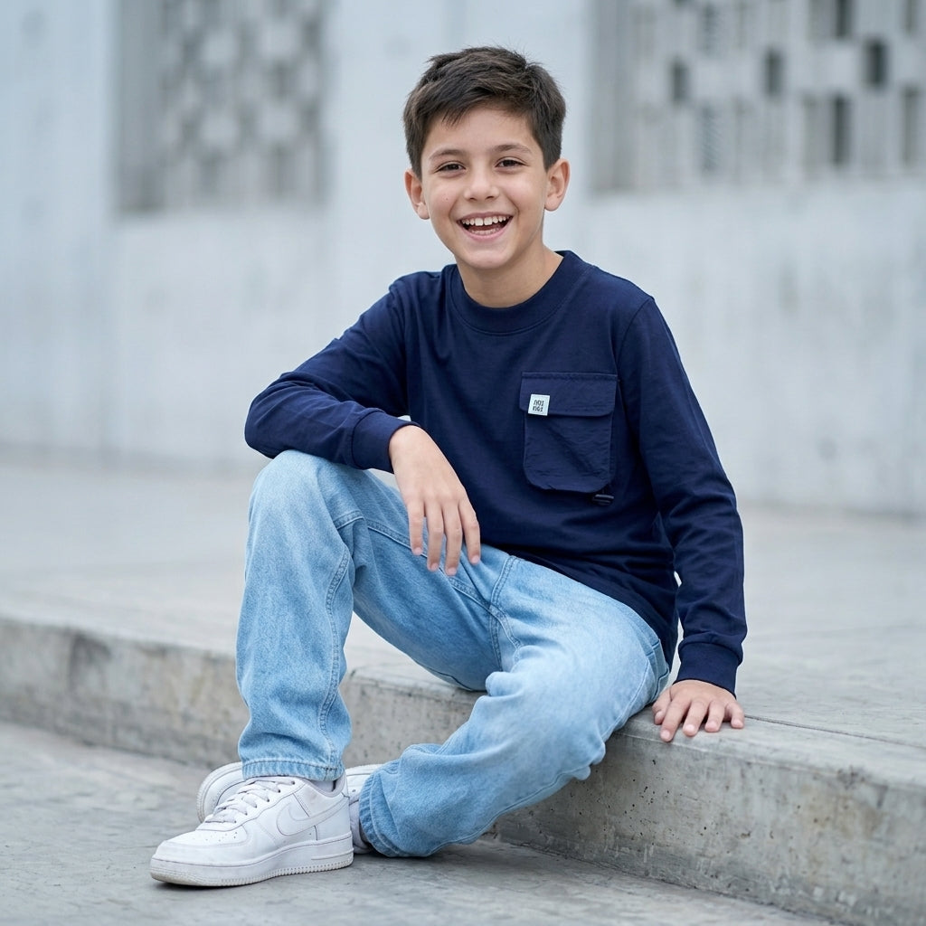 Niño con polo manga larga azul ANG Kidz – bolsillo cargo pecho clip metálico