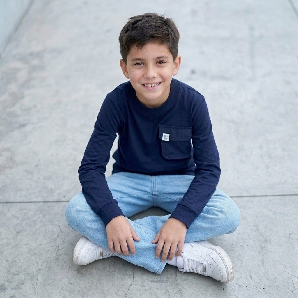 Polo niño azul marino manga larga ANG Kidz – 100% algodón hecho en Perú