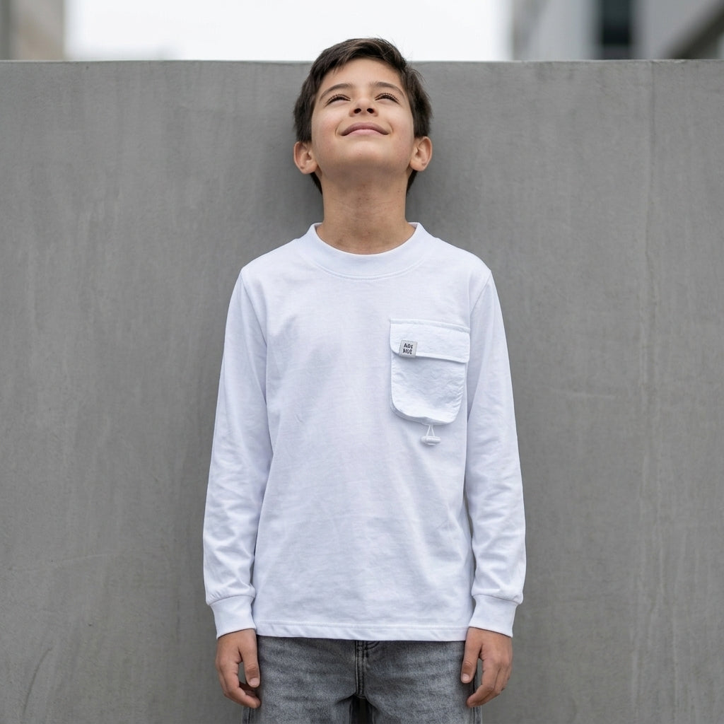 Polo manga larga niño blanco bolsillo cargo ANG Kidz – ropa infantil Lima Perú