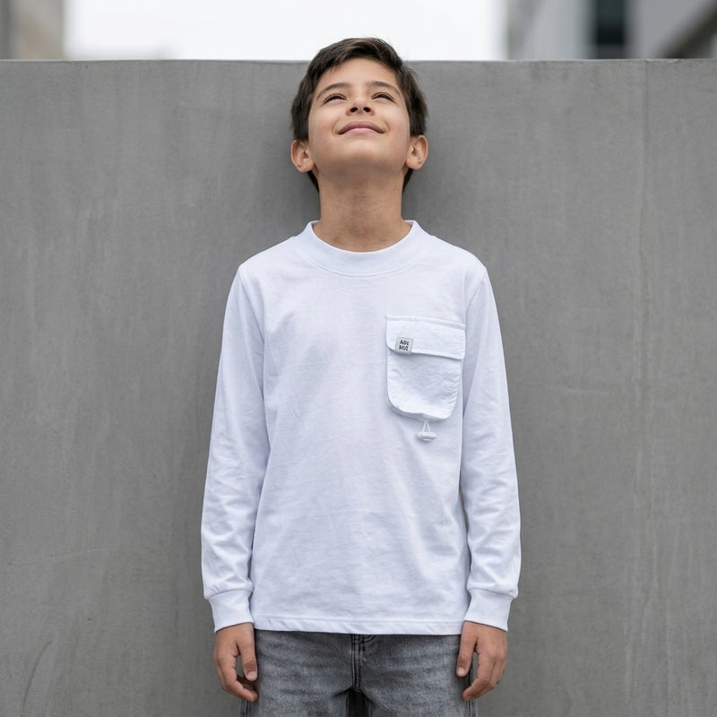 Polo manga larga niño blanco bolsillo cargo ANG Kidz – ropa infantil Lima Perú