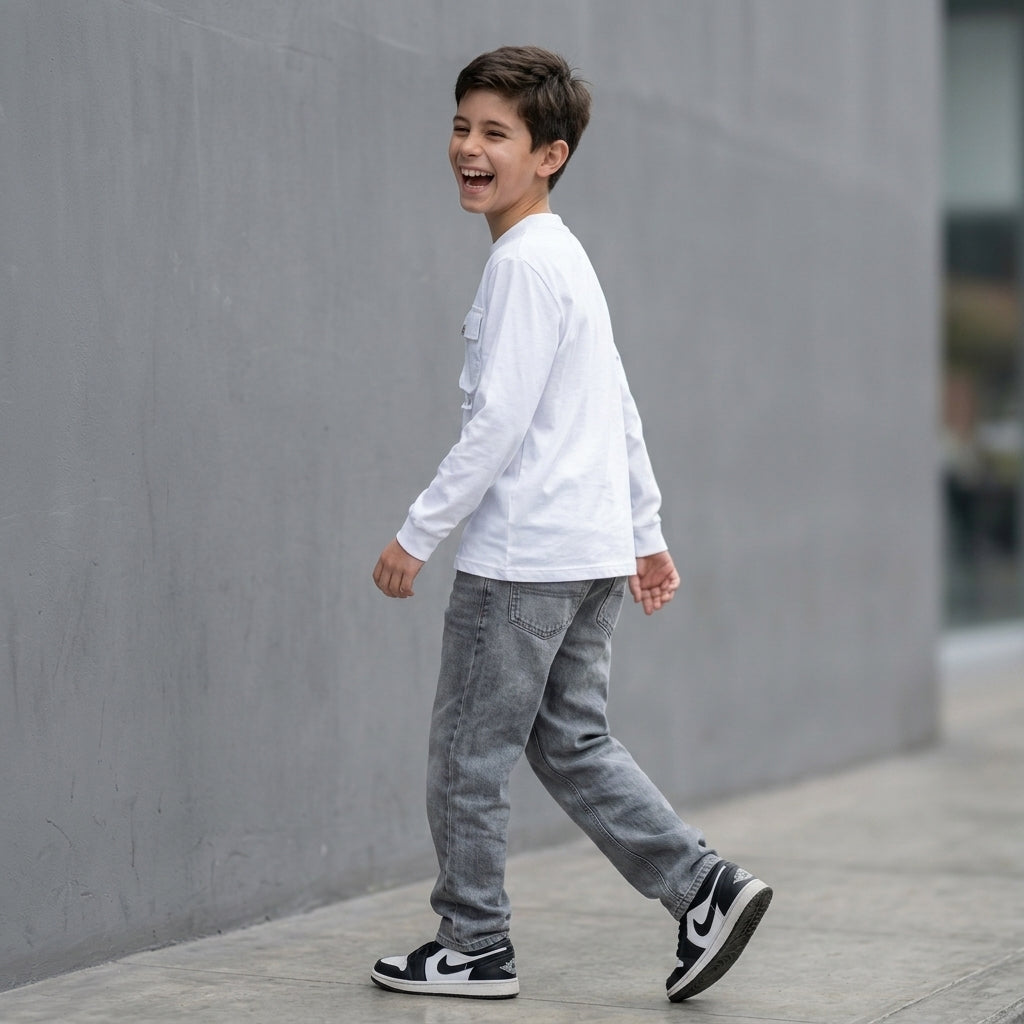 Polo niño blanco manga larga ANG Kidz – 100% algodón hecho en Perú