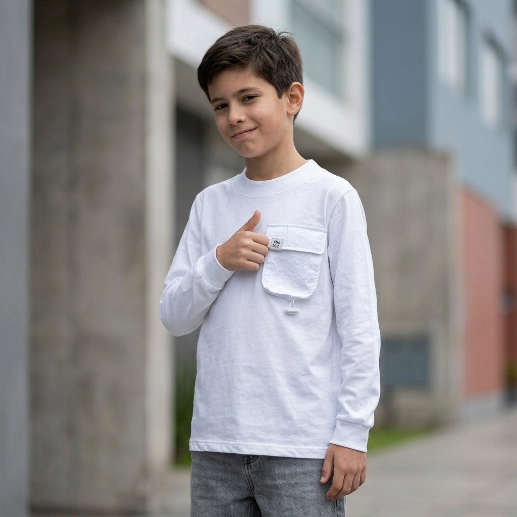 Polo blanco manga larga ANG Kidz – básico urbano con detalle cargo Perú
