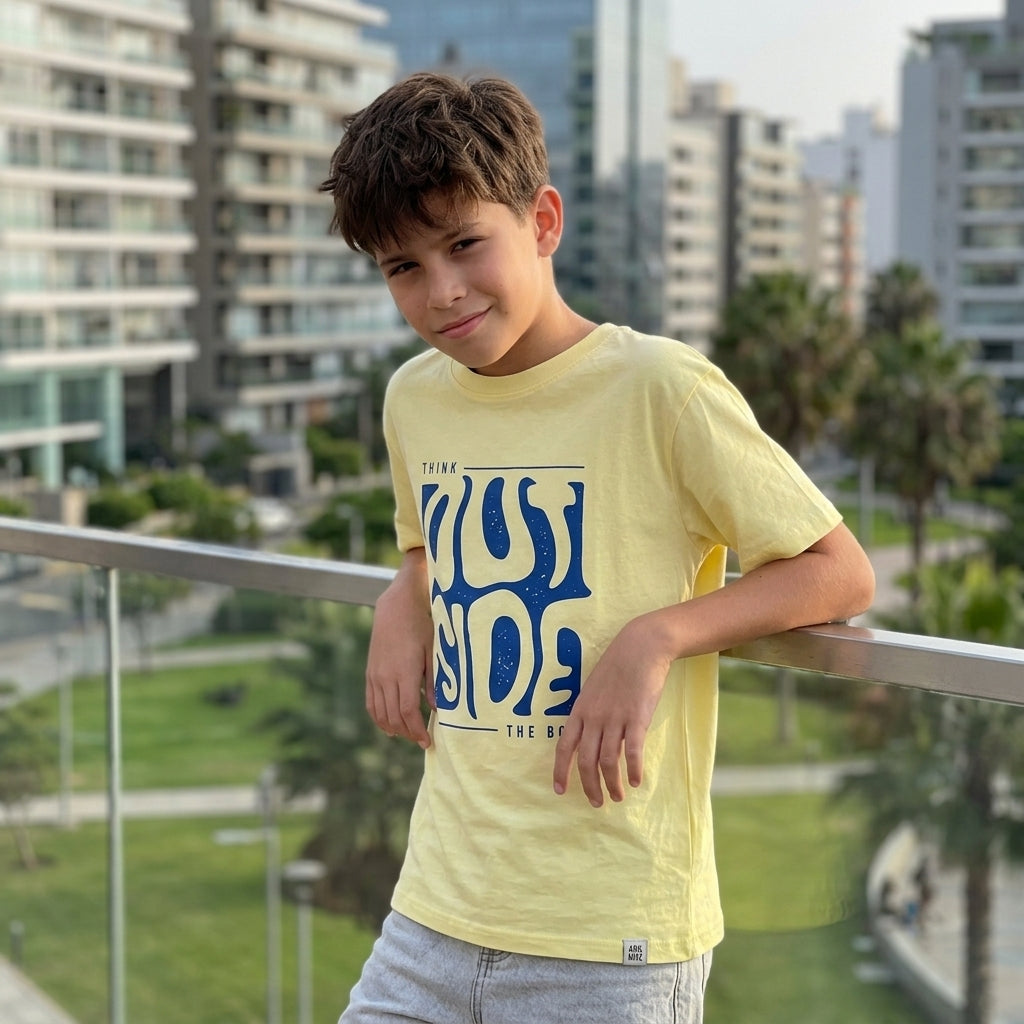Polo amarillo Think Outside para niño combinado con jean gris, en una toma de tres cuartos en exterior.