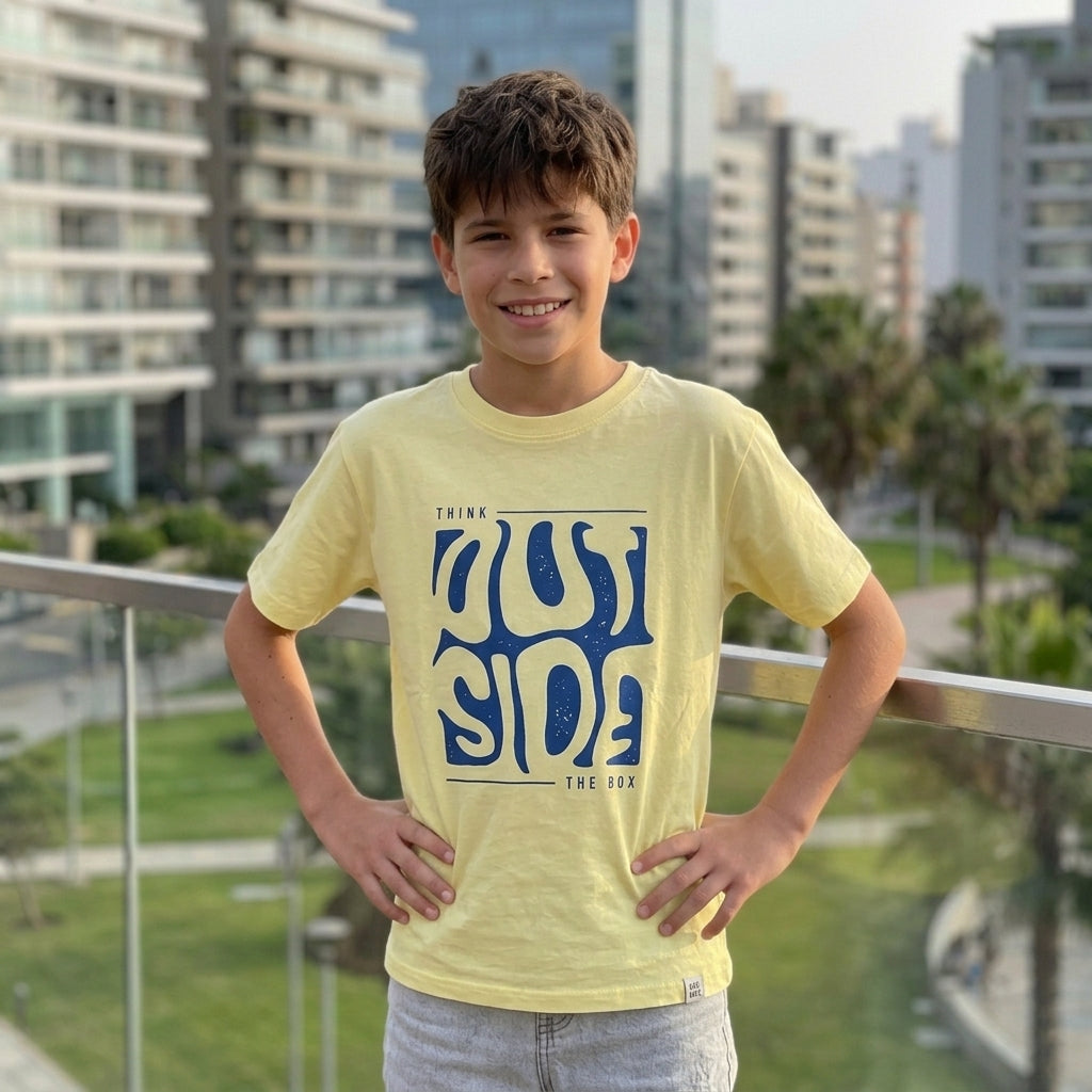 Niño con las manos en la cintura mostrando el estampado frontal azul del polo amarillo Think Outside.