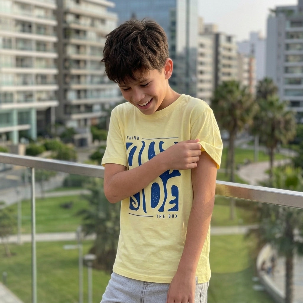 Niño sujetando la manga de su polo amarillo Think Outside con estampado azul de ANG Kidz.