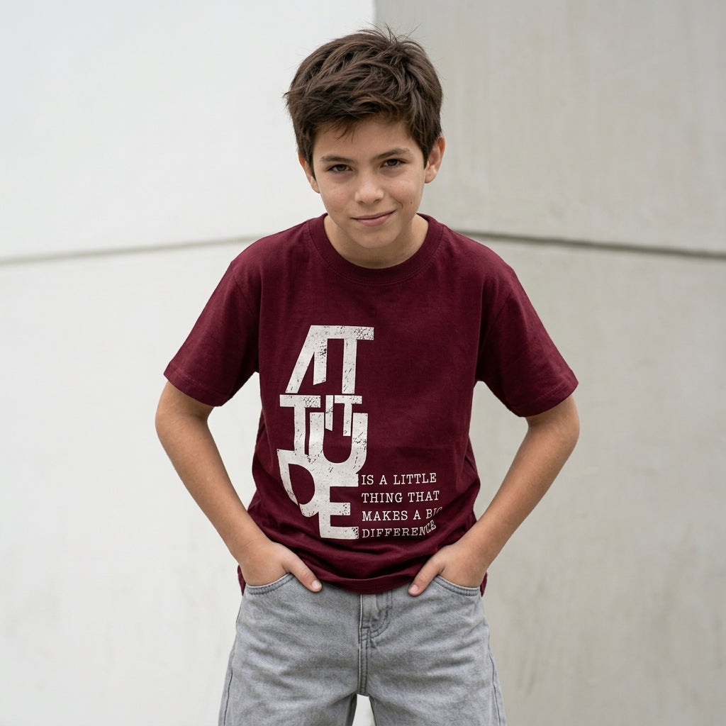 Vista frontal del polo guinda Attitude de ANG Kidz, con cuello redondo y estampado tipográfico blanco.