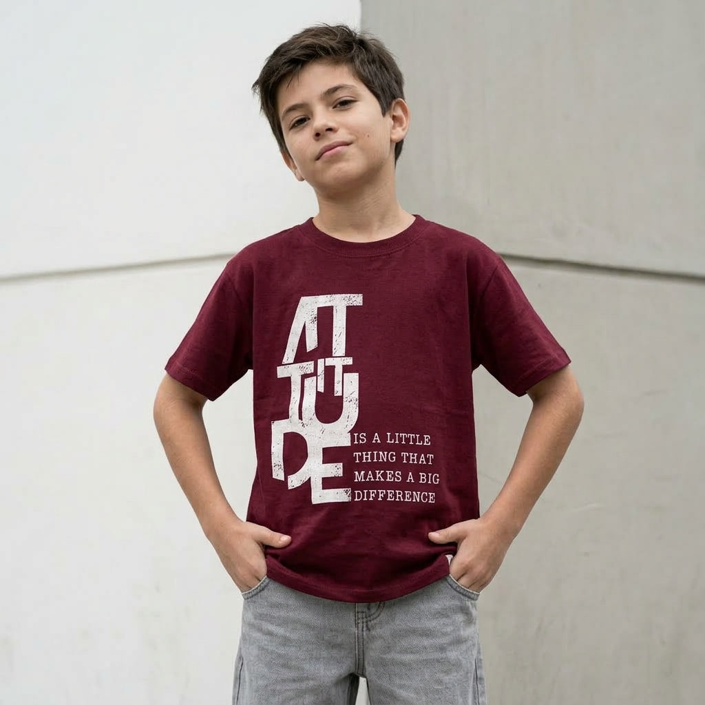 Polo manga corta guinda niño ANG Kidz - vista frontal con estampa Attitude