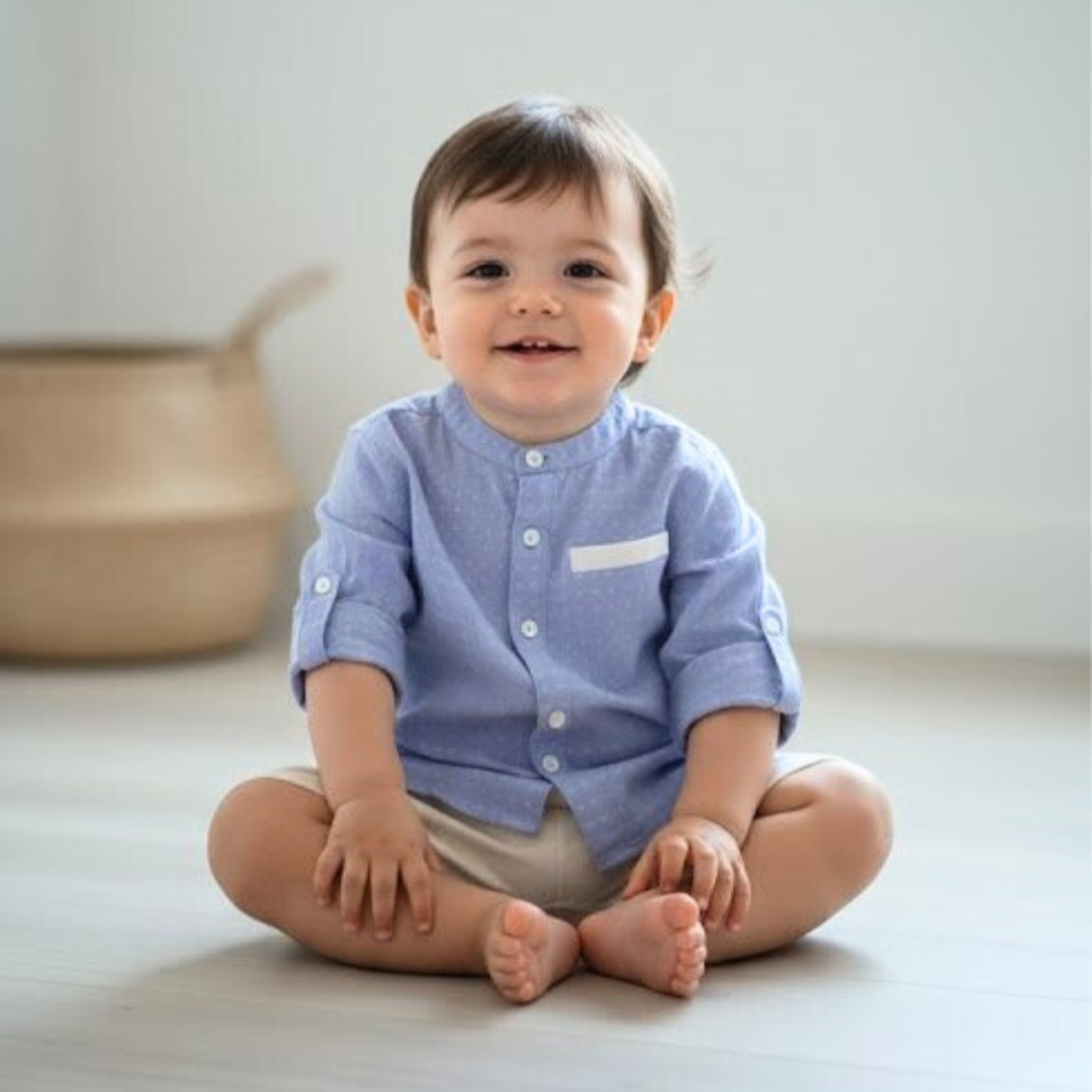 Camisa Bebé Niño Celeste Manga Larga (Cuello Mao)