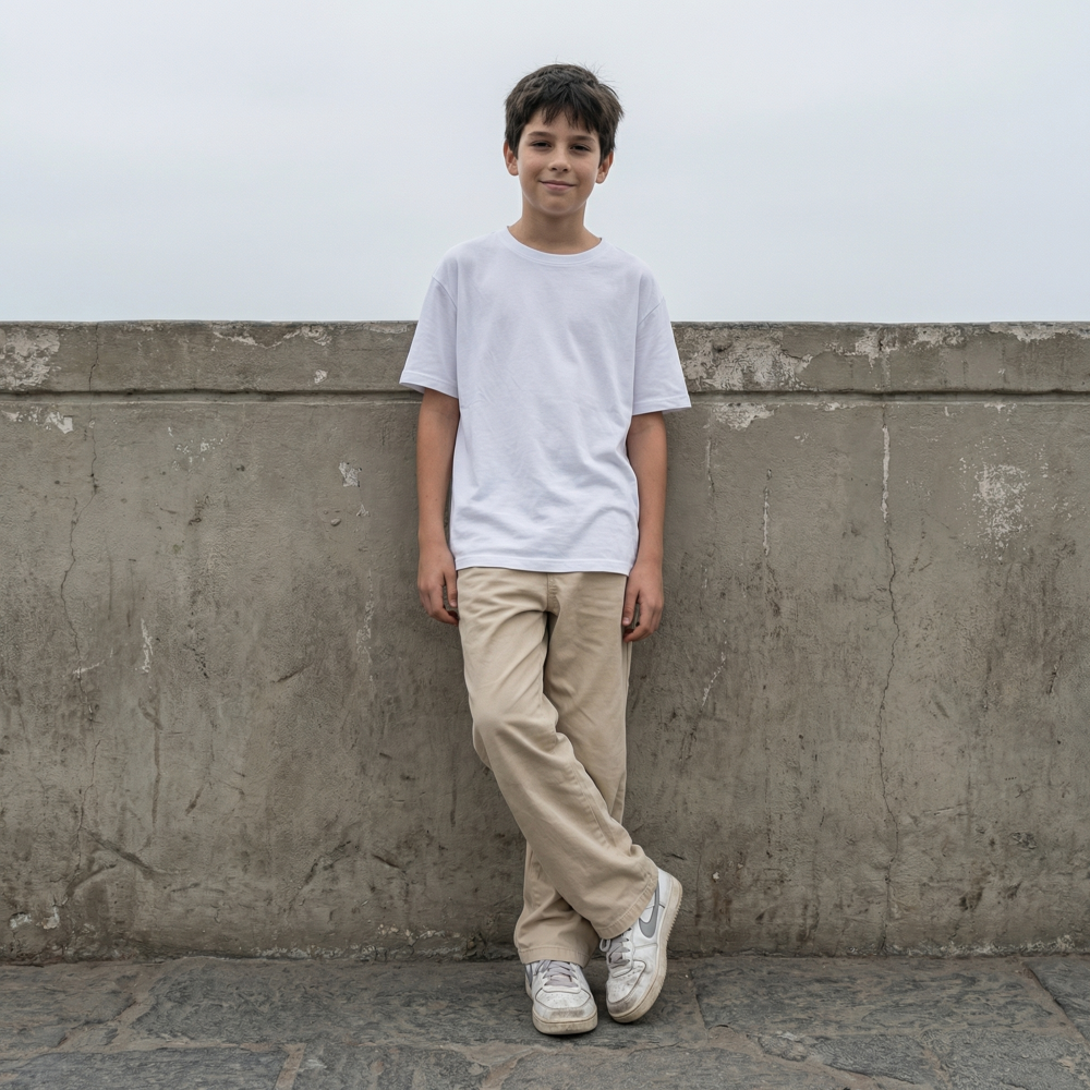 Pantalón de niño en tela paper touch color beige, ANG Kidz, tallas 4 a 16 — ropa infantil urbana Perú