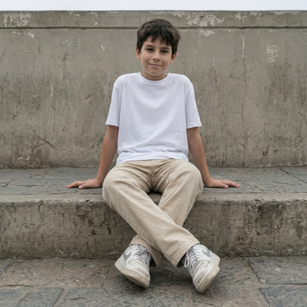 Pantalón de niño en tela paper touch color beige, ANG Kidz, tallas 4 a 16 — ropa infantil urbana Perú